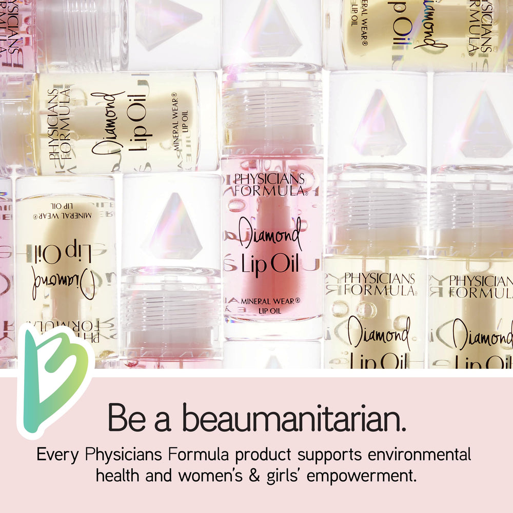 Physicians Formula lip oil on lips in lifestyle scene, delivering luminous glossy effect