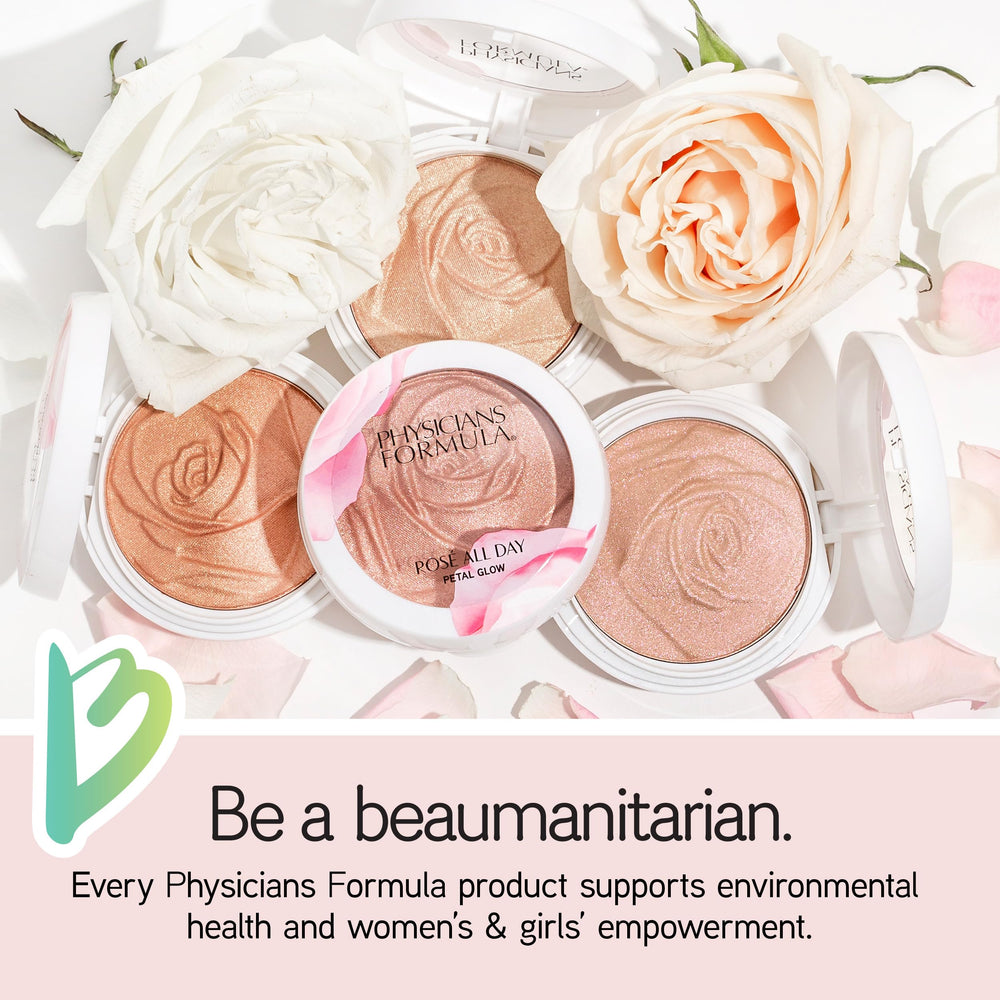 Physicians Formula model applying blush to cheek demonstrating radiant, buildable glow