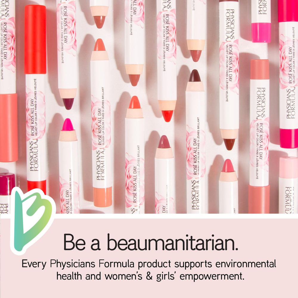 Physicians Formula on model lips displaying blushing mauve color for a hydrated look
