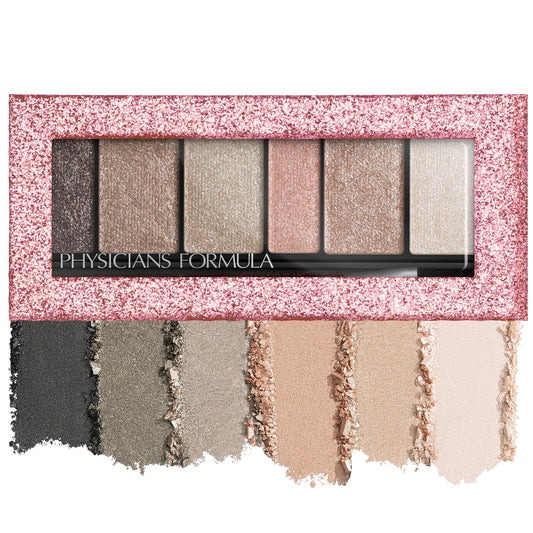 Physicians Formula palette front view showing six nude shimmer shades and compact case benefit portability