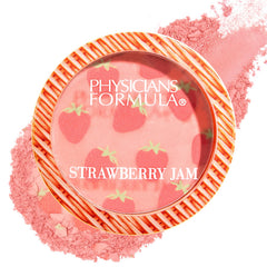 Physicians Formula front compact view showing shimmery strawberry pink and portable design benefit