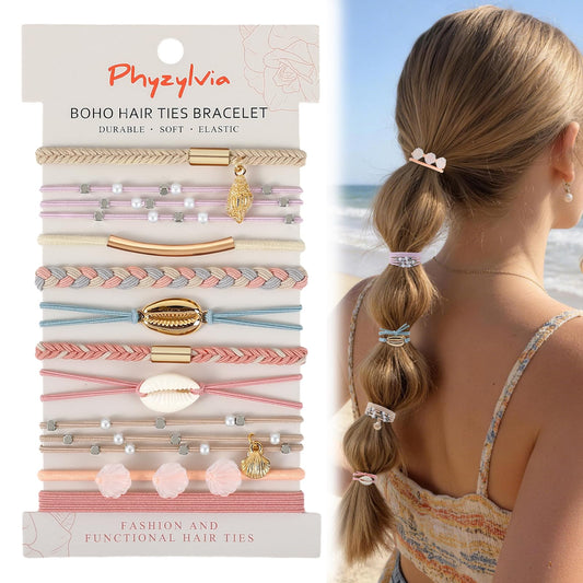 Phyzylvia front packaging showing gift box and ten hair ties, neat gift-ready storage benefit