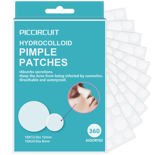 PICcircuit front packaging showing 360-count acne patch pack and label benefits