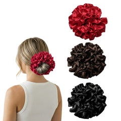 PIDOUDOU three-pack scrunchies front view shows color trio and styling benefit