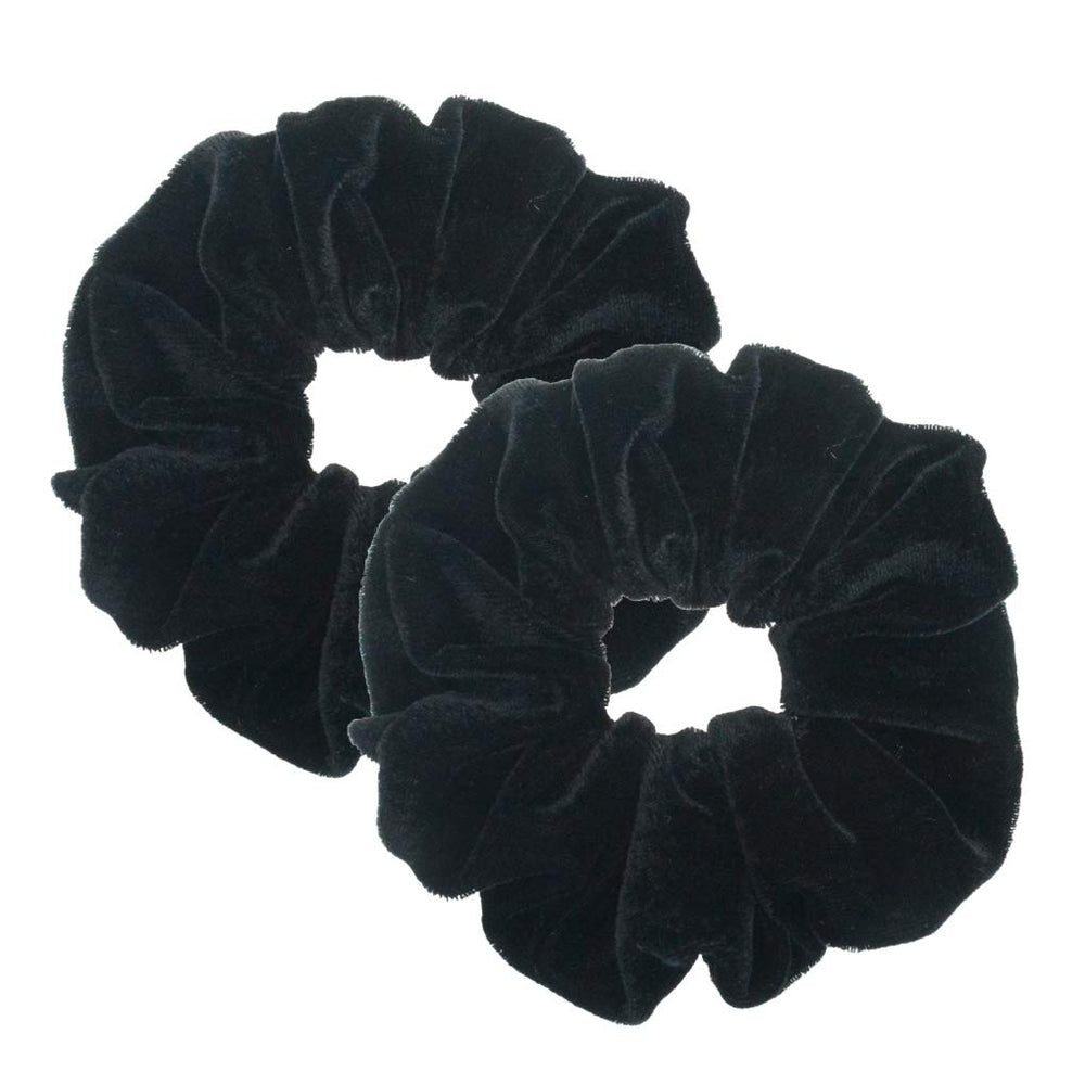 PIDOUDOU front view of two black velvet scrunchies showing size and pairing benefit