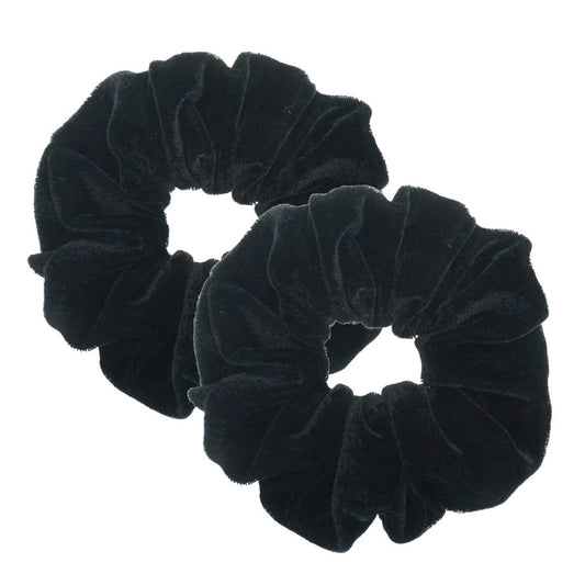PIDOUDOU front view of two black velvet scrunchies showing size and pairing benefit