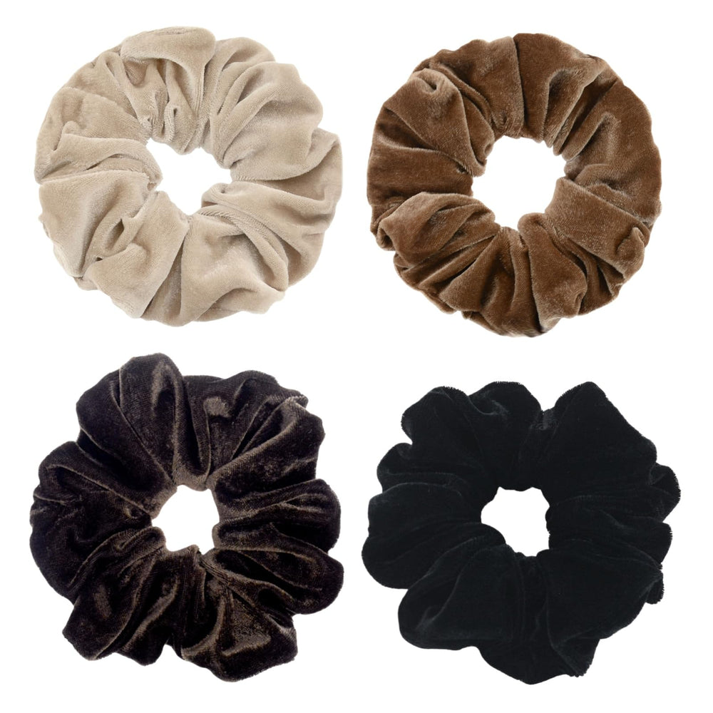 PIDOUDOU front view of four neutral scrunchies showing colors and pack benefit