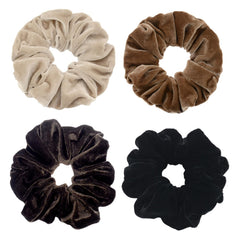 PIDOUDOU front view of four neutral scrunchies showing colors and pack benefit