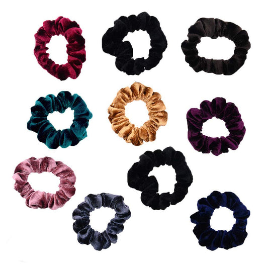 PIDOUDOU front view of 10-pack small velvet scrunchies showing color variety and compact pack benefit