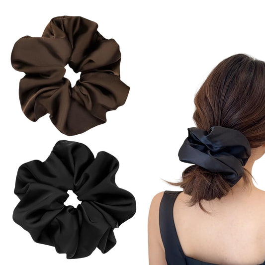 PIDOUDOU front view of black and brown jumbo satin scrunchies showing colors and shape benefit durable hold