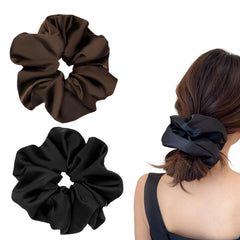 PIDOUDOU front view of black and brown jumbo satin scrunchies showing colors and shape benefit durable hold