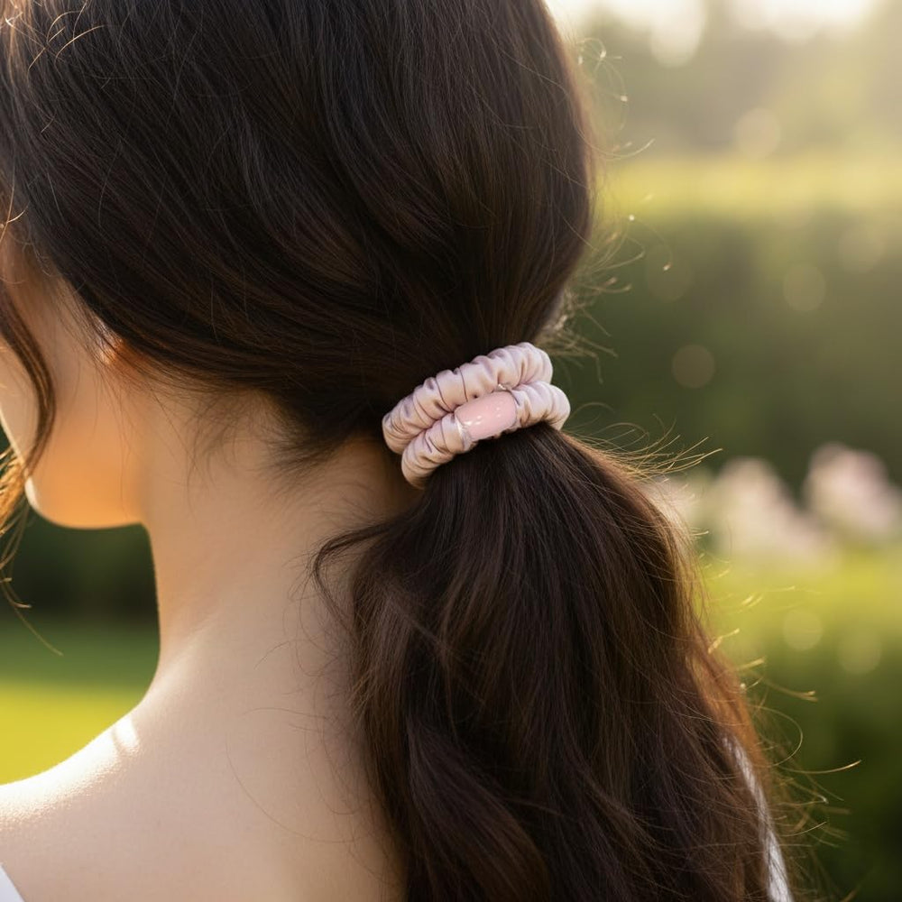 PIDOUDOU scrunchie in ponytail demonstrating secure gentle hold