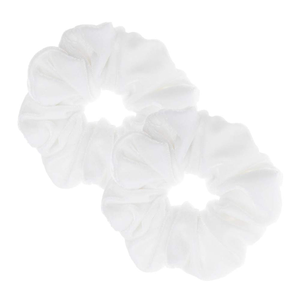 PIDOUDOU white scrunchies front packaging showing two pieces and clear bag benefit: easy storage