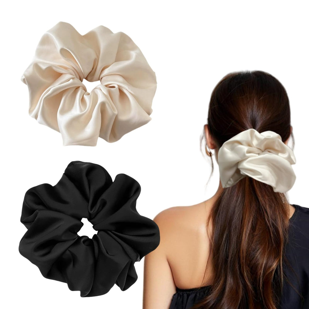 PIDOUDOU front view of black and beige jumbo satin scrunchies shows elegant hold
