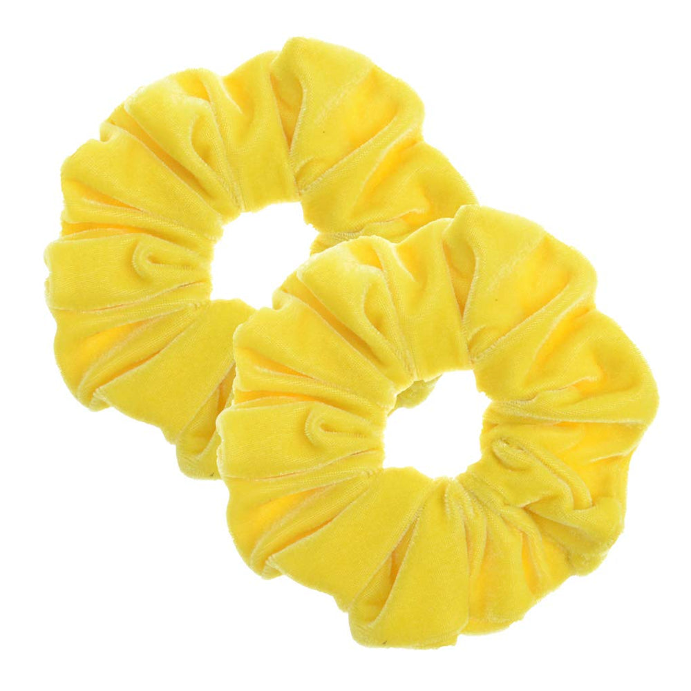 PIDOUDOU front view of two yellow velvet scrunchies shows bright color and roomy size