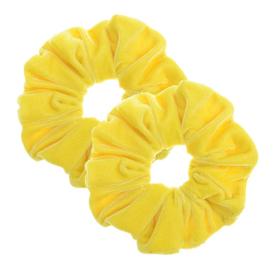 PIDOUDOU front view of two yellow velvet scrunchies shows bright color and roomy size