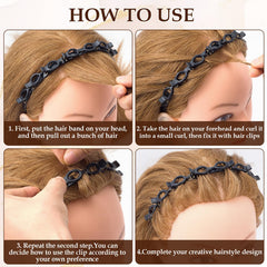Pivotik model using headband to create braided bangs, showing quick salon-style result