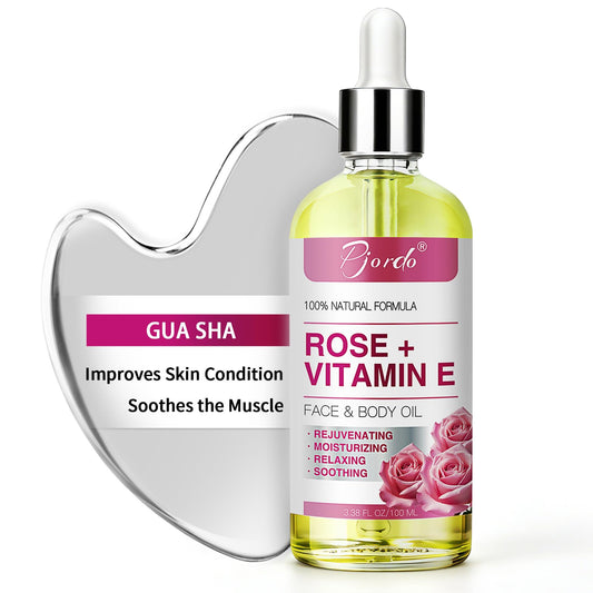 Pjordo front packaging showing oil bottle and gua sha, conveying complete kit benefit
