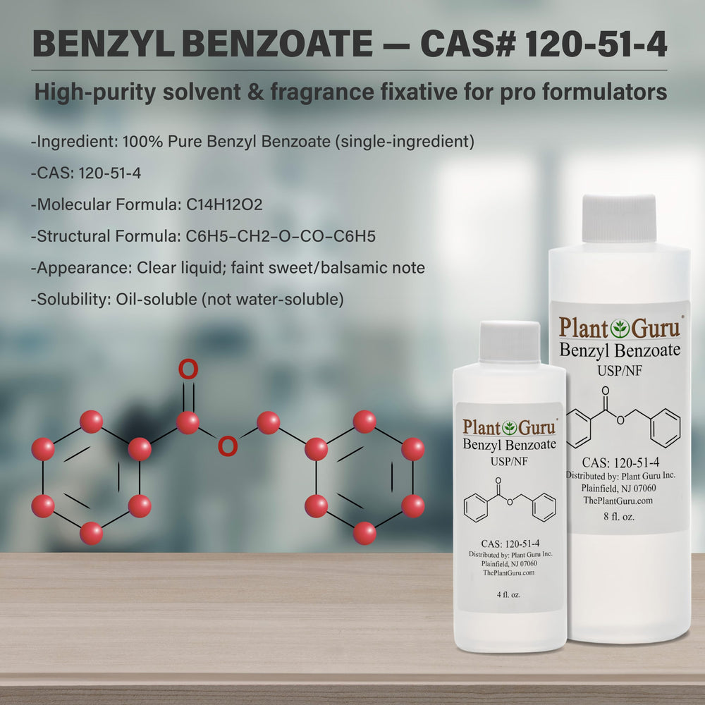 Plant Guru pouring benzyl benzoate liquid to demonstrate viscosity and handling