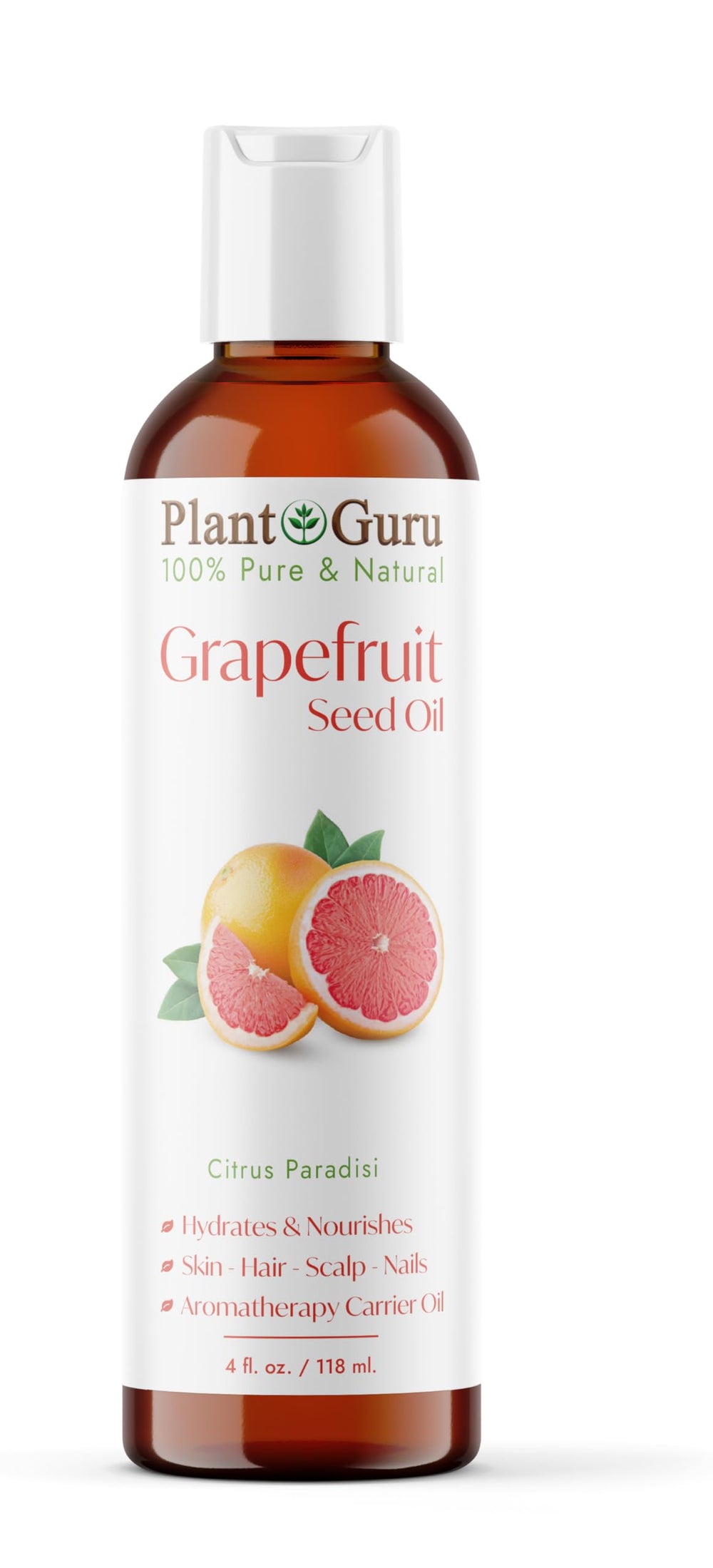 Plant Guru front bottle view shows pure grapefruit seed oil packaging and clear branding