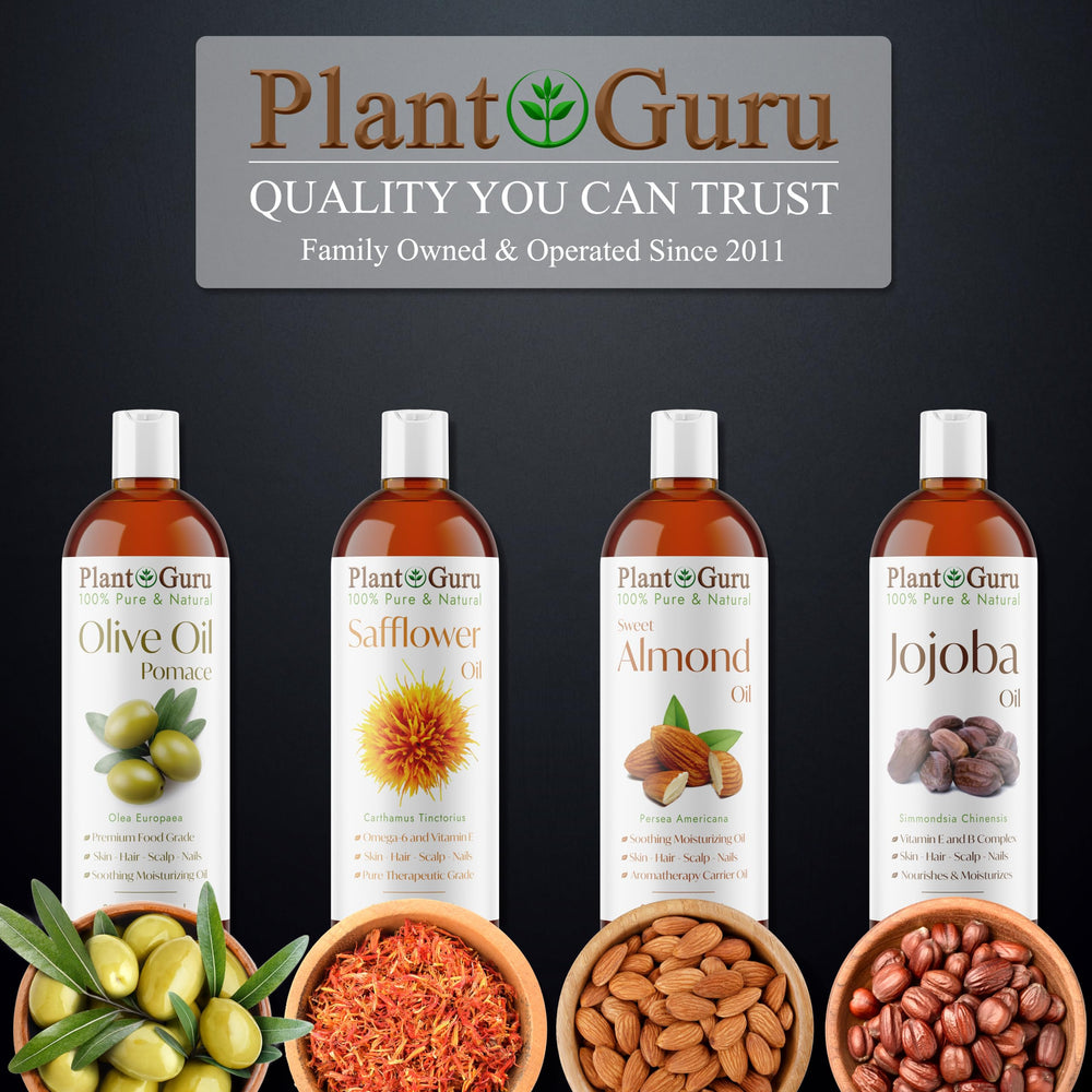 Close-up of Plant Guru label showing cold-pressed, pure ingredient benefit