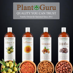 Close-up of Plant Guru label showing cold-pressed, pure ingredient benefit
