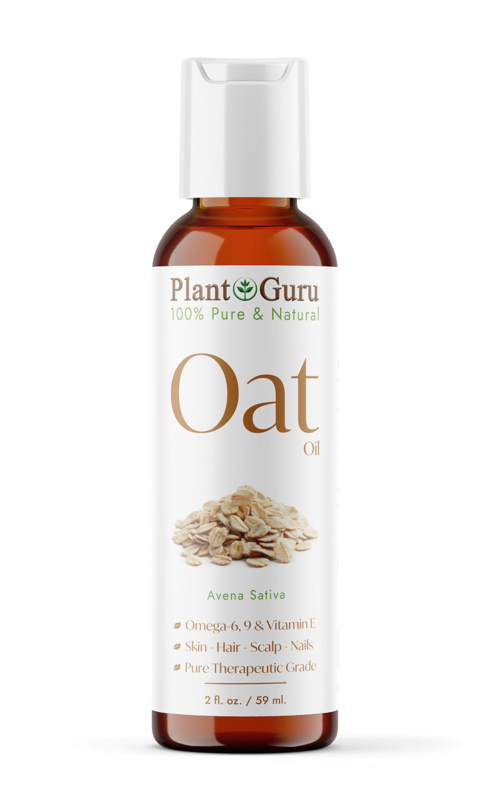 Plant Guru oat oil front bottle showing label and 2 fl. oz size, highlights purity