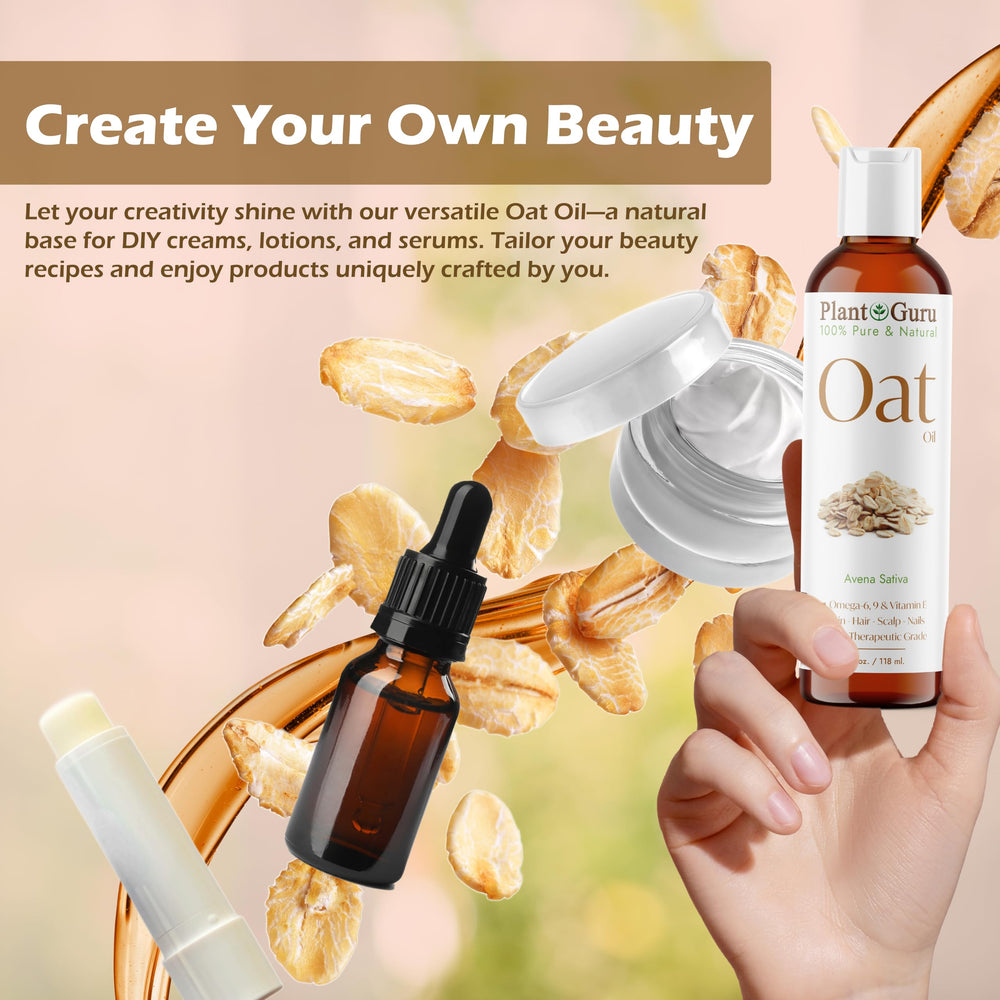 Plant Guru oat oil with oat kernels, showing natural single-ingredient source