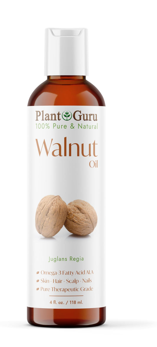 Plant Guru bottle front label showing pure walnut oil branding and clear benefits