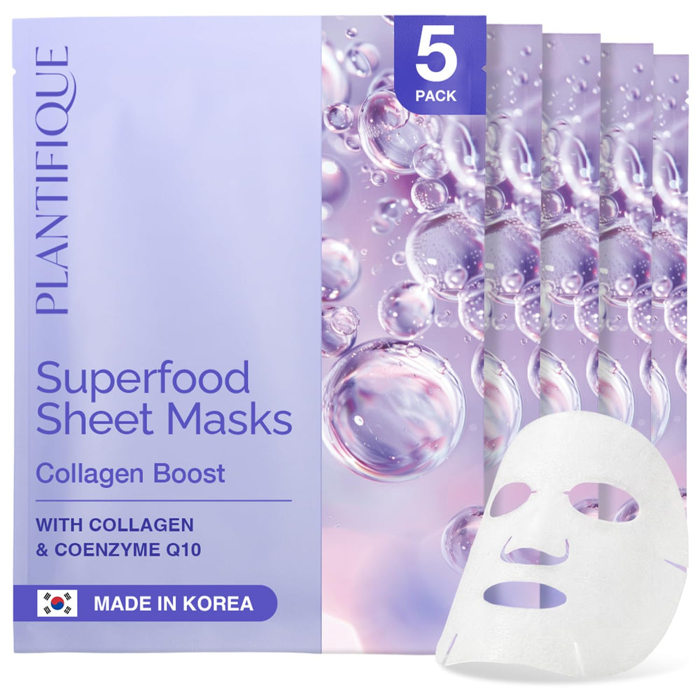 PLANTIFIQUE front packaging showing five individually wrapped masks and benefits