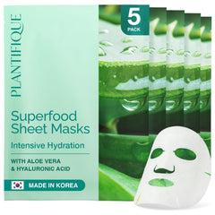 PLANTIFIQUE front packaging showing five mask sachets and hydrating benefits