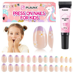 Plauva packaging front view showing 26-piece floral press-on nails and included glue, fun design
