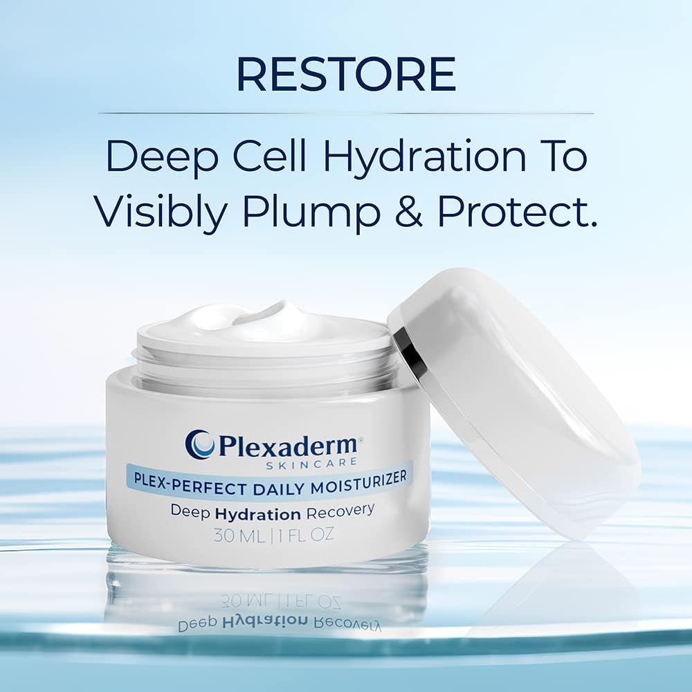 Plexaderm moisturizer in hand demonstrating 1 fl oz size and travel-friendly convenience