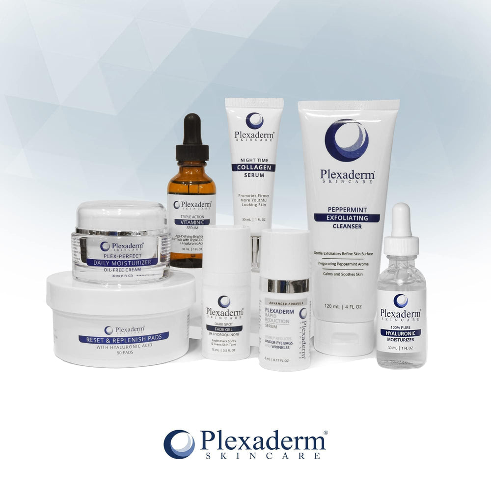 Plexaderm bottle on nighttime vanity portraying evening routine integration and restful repair