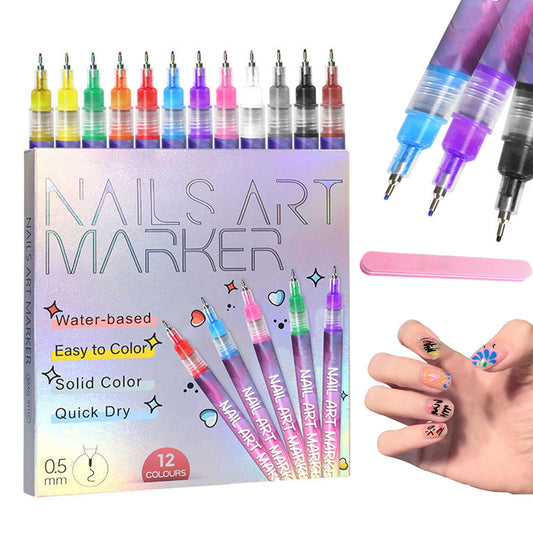 PNNDSST front packaging showing 12 vibrant nail art pens and benefits