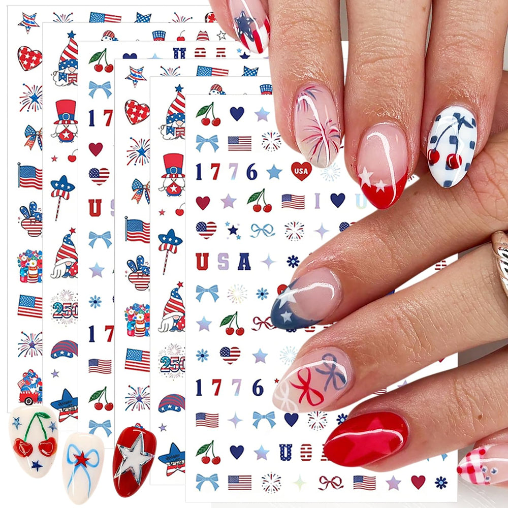 PODUOJIEYI front packaging showing six patriotic decal sheets and benefits