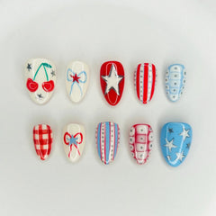 PODUOJIEYI front pack showing patriotic nails and included accessories for quick styling