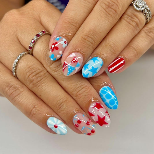 PODUOJIEYI front packaging showing 24-piece patriotic nail set and easy storage benefit
