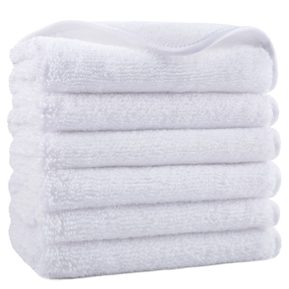 POLYTE front view of six white washcloths showing neat folded stack and clean look, practical storage