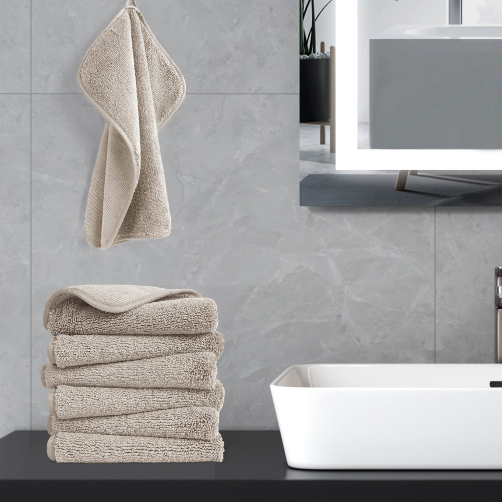 POLYTE stacked set of six in bathroom setting showing compact storage benefit