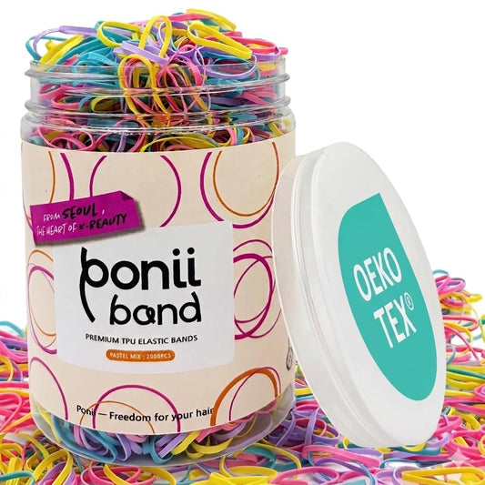 PONIIBAND front packaging showing bulk pastel bands and quantity benefit