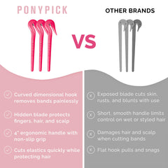 Pony Pick packaged set with three cutters and bands, convenient for travel and storage