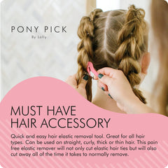 Pony Pick with fifty colored elastics spread out, enables creative styles and variety