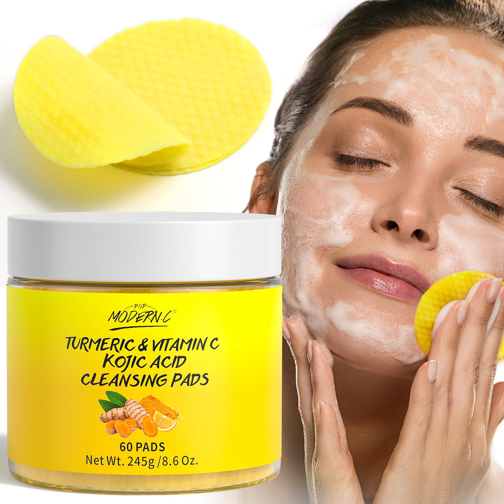 POP MODERN.C front packaging showing jar of 60 turmeric kojic pads and benefits