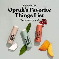 Poppy & Pout ingredients label showing beeswax, vitamin E, and organic coconut oil benefits