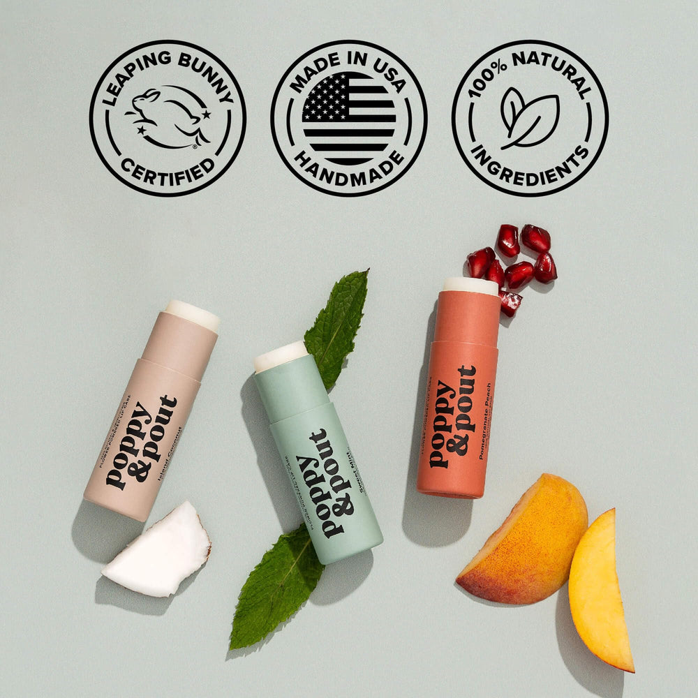 Poppy & Pout balm being applied to lips demonstrating smooth hydration