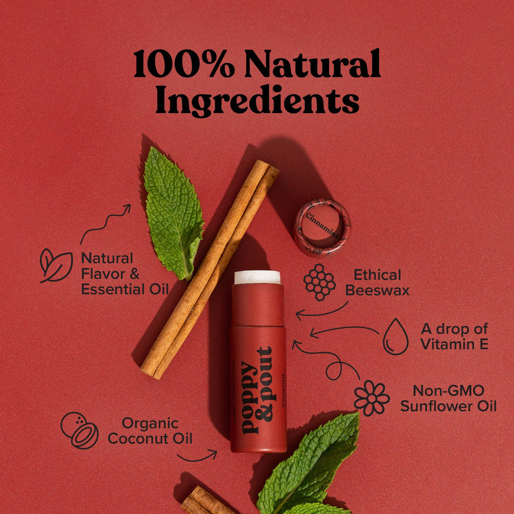 Poppy & Pout open twist top revealing large balm for long-lasting use benefit