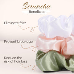 POVETIRE assorted scrunchies laid flat showing light-color variety for styling