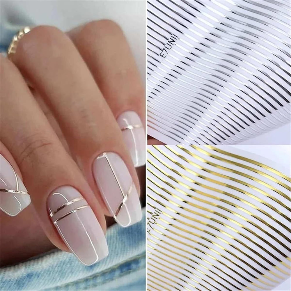 POWPOP front packaging showing six metallic stripe nail sticker sheets and benefits