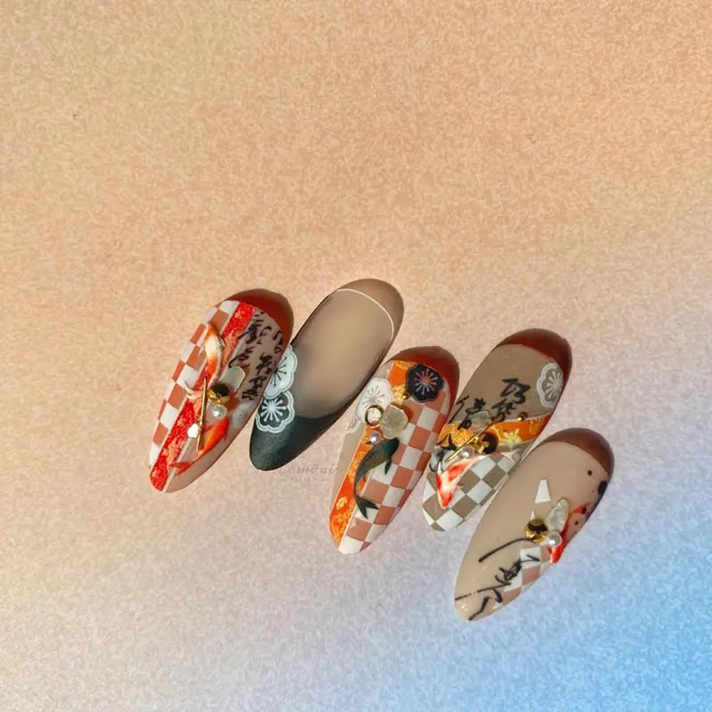 POWPOP red koi decal applied on a press-on nail showing instant decorative benefit